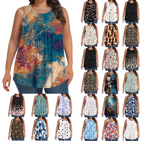 Plus Size Tank Tops For Women Crew Neck Sleeveless Pleated Print Pullover Casual Loose Comfy Homewear (XL, Navy)