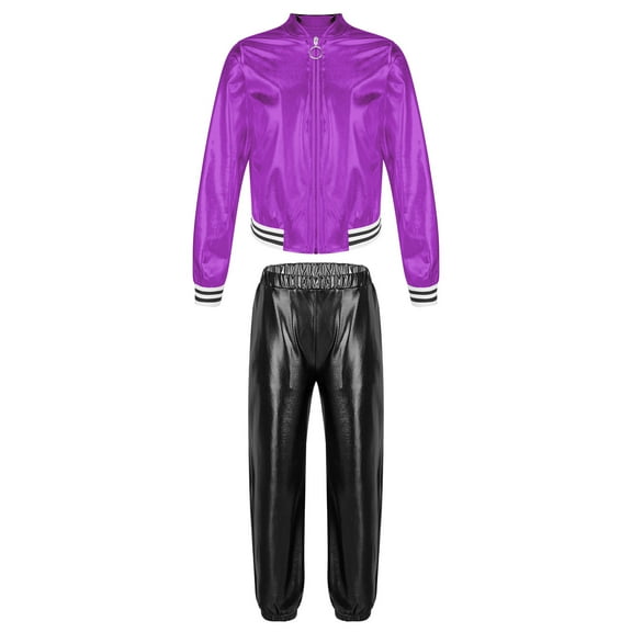 Sholeno Kids Boys Girls Shiny Metallic Long Sleeves Jacket and Sweatpants Set Jazz Hip Hop Dance Purple&Black 6