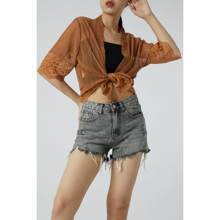 Genuiskids Womens Short Shrug Open Front Short Sleeve Sheer Cardigan Lace Patchwork Sheer Bolero Cover Up Cropped mesh Cardigans