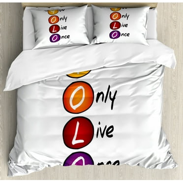 YOLO Queen Size Duvet Cover Set, Acronym Design with Colorful Circles You only Live Once Lettering Geometric Pattern, Decorative 3 Piece Bedding Set with 2 Pillow Shams, Multicolor, by Ambesonne