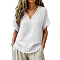 thumbnail image 2 of Favoffer Women's Tassel V Neck Tops Short Sleeve Linen Blend Casual Blouses for Spring Summer Everyday Wear, 2 of 6