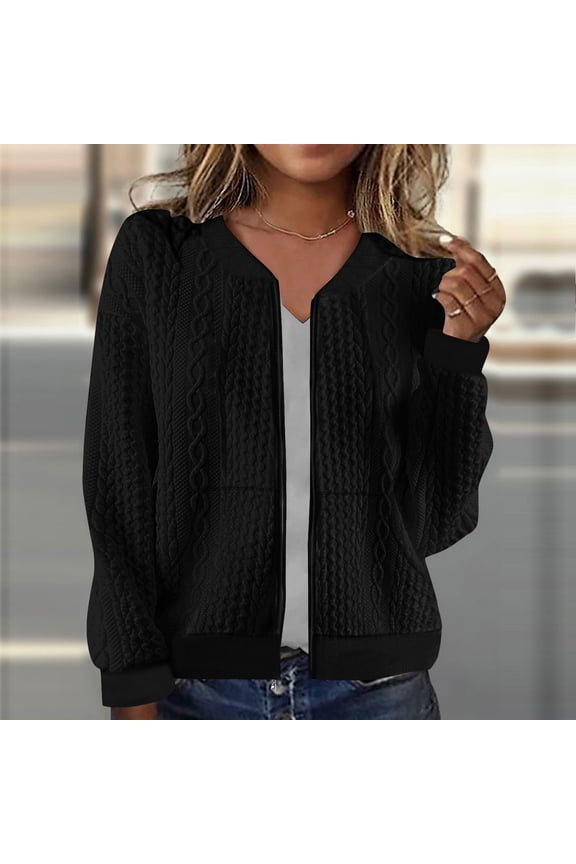 Womens Cable Knit Sweatshirts Zip Up Cardigan Casual Loose Fit Jacket With Pocket Long Sleeve Crew Neck Pullover