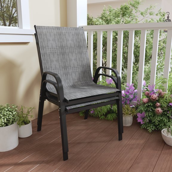 Stackable Outdoor Metal Lawn Deck Patio Dining Chairs Set of 2 Textilene Fabric Gray