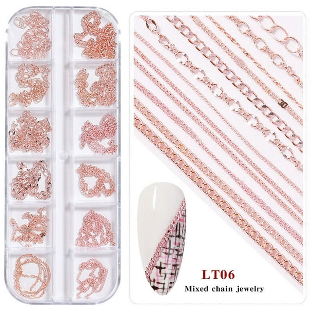 WREESH Nail Art Jewelry Chain 12 Grids Diy Decorative Nail Art Sticker Metal Chain