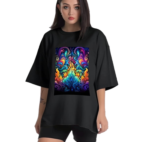 Plus Size Shirt for Women Black Tops for Women Short Sleeves Shirt for Women Neon Psychedelic Abstract3 T Shirt Crewneck Shirt for Women XS