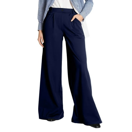 Prdecexlu Front Pleat Pants Women Wide Leg Loose Elastic High Waist Business Palazzo Pants Button Office Solid Color Baggy Summer Trousers with Pockets Navy 3XL