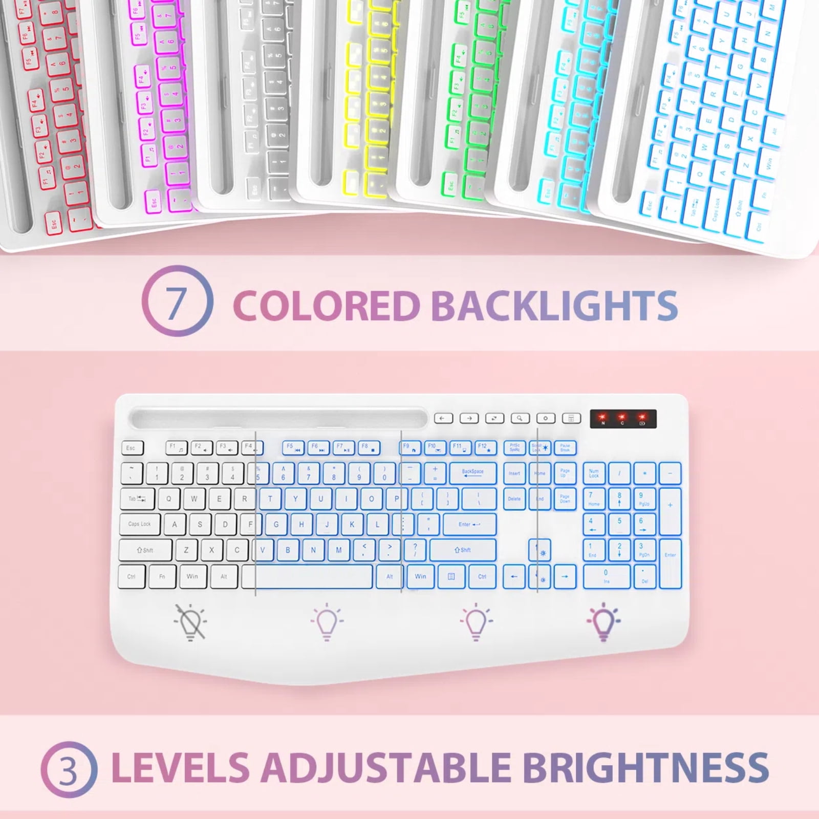 Wagpak Wireless Keyboard 7 Color Backlit Wrist Rest Rechargeable 112 Keys Quiet Keyboard-White