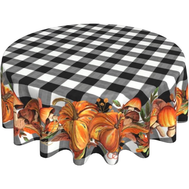 Nappe d'Automne pour l'Action de Grâce Ronde 60 Pouces, Nappe de Table Citrouille de Récolte d'Automne, Nappe à Carreaux Noir Blanc Gris en Polyester Imperméable Décor Cadeaux pour Fête de Vacances Pique-Nique