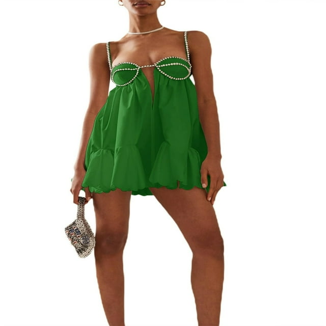 Femmes Lâches Bretelles Spaghetti Robe Strass Découpe Cocktail Partie Mini A-line Robes