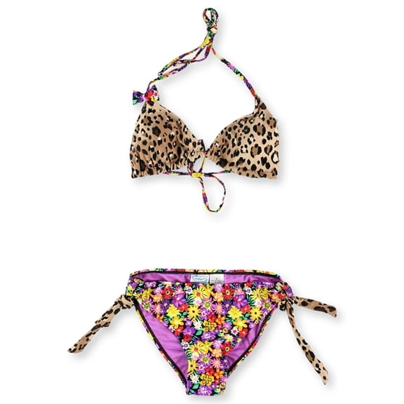 California Waves Womens Floral Cheetah 2 Piece Bikini, Multicoloured, Small