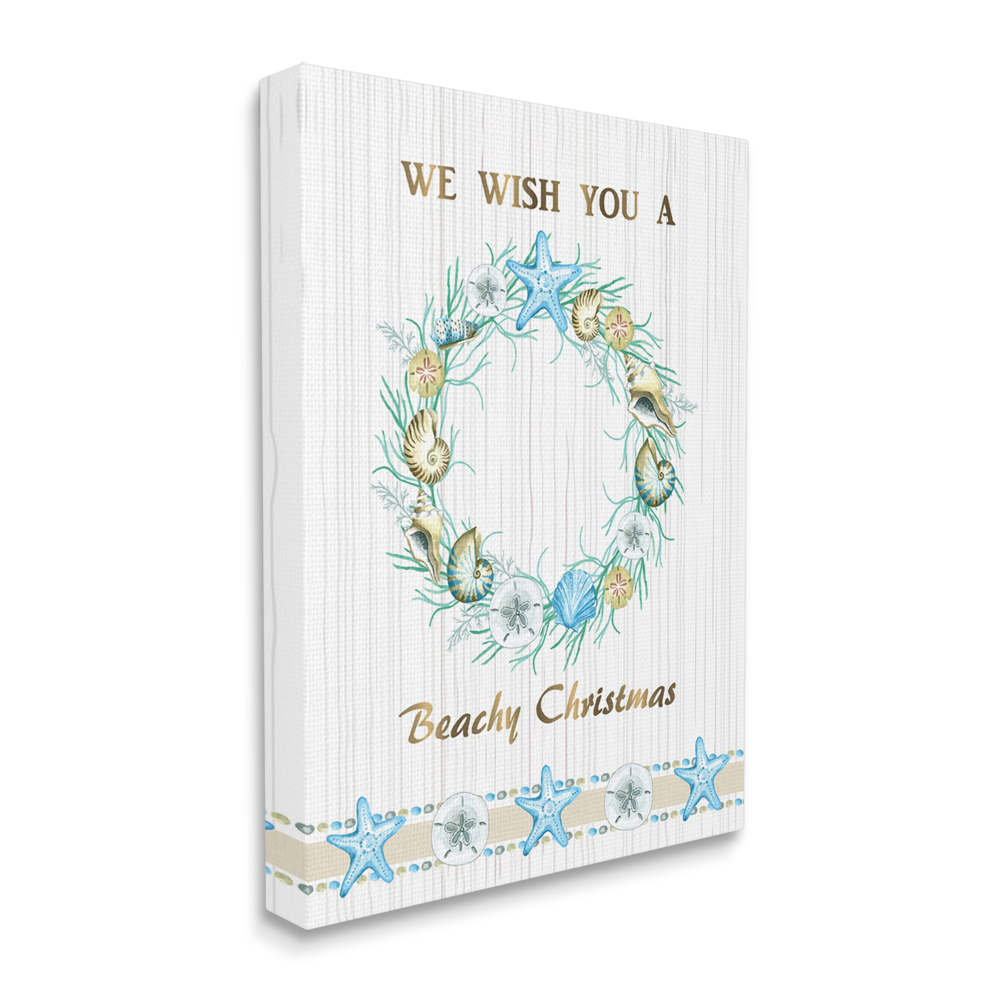 Beachy Christmas Sea Life Seashell Wreath Pattern Coastal Graphic Art Gallery-Wrapped Canvas Print Wall Art