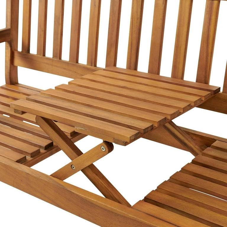 Homestock Timeless Tradition Seat Bench With Pop Up Table Weather Proof Acacia Wood Perfect For Porch Patio Or Garden 60 W X 26 D X 37 H Supports 500 Lbs Convenient Surface For Drinks
