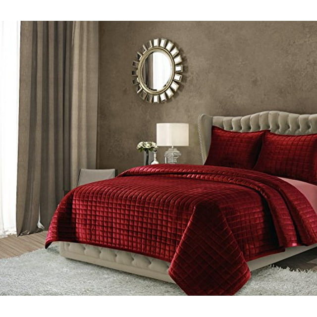 Tribeca Living FLORENCEQUIKIBU Florence Velvet Oversized Solid Quilt Set King Burgundy