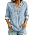 thumbnail image 4 of Kadlawus Long Sleeve Loose V Neck Denim Button Down Shirt Women Fall Casual Basic Pullover Tops Soft Stretchy Comfort Commute Travel Home Daily Wear, Light Blue 2XL, 4 of 7