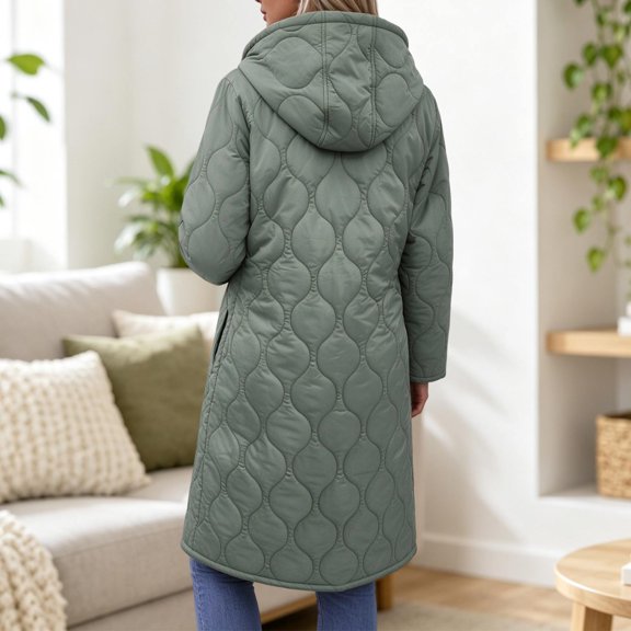 Women's Quilted Jacket Zipper Up Hooded Long Lightweight Padding Down Coat (Green M)