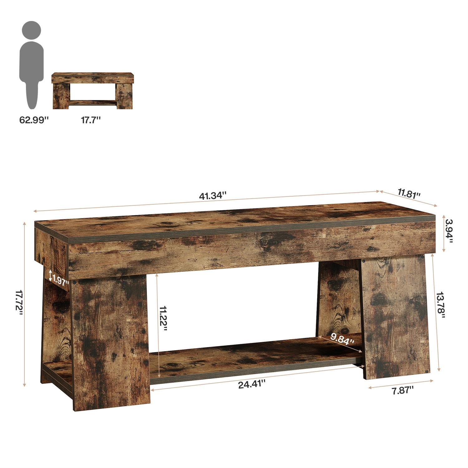 Demi Bonn 41" Rustic Wooden Bench with Storage, Hallway Bench with Shelf, Entryway Seating Unit for Home, Living Room, Brown