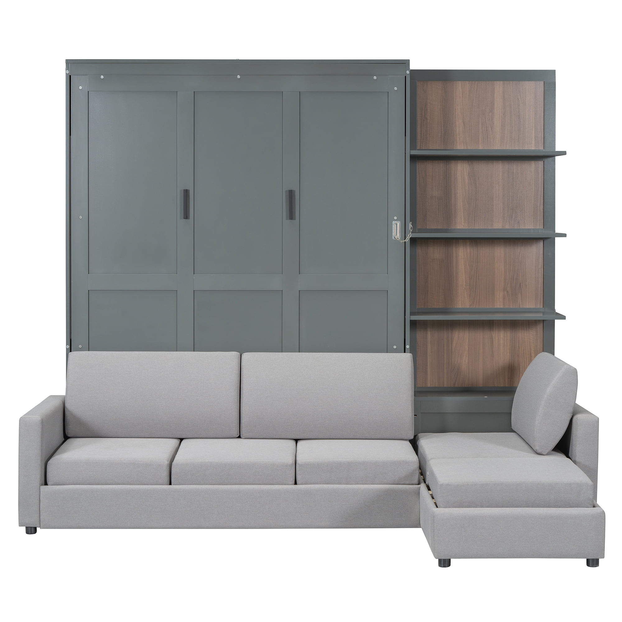Mintazer Queen Size Murphy Bed with L-Shaped Sectional Sofa & Open Storage Shelves, Foldable Wall Cabinet Bed for Guest Room Home Office Studio Apartment, Gray