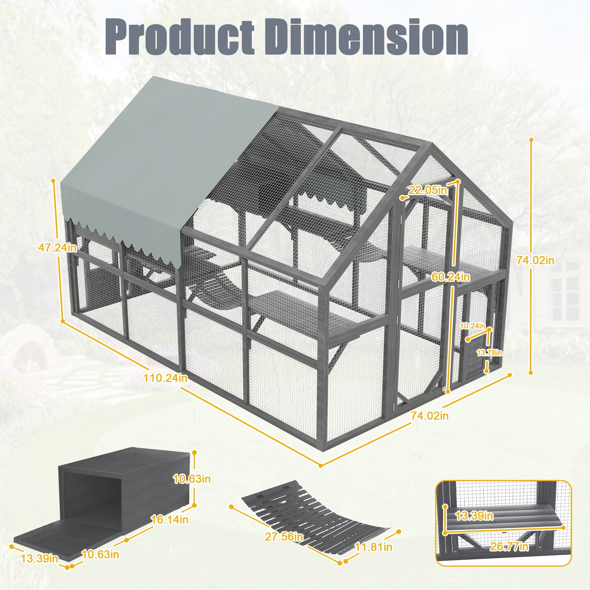 Large Outdoor Cat Enclosure for Multiple Cats with 7 Platforms, 2 Resting Boxes and 2 Bridges, Wooden Feral Cats Shelter with Waterproof and UV Proof Canopy, 110.24x 74.02 x 74.02 inch