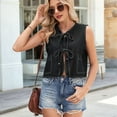 thumbnail image 6 of Women Tie Front Denim Tank Tops Spring Summer Casual Crew Neck Sleeveless Shirts Ruffle Vest Tops Black & Gray S, 6 of 9
