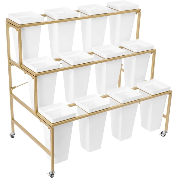Flower Display Stand With 12 Buckets, 3 Layers Metal Plant Cart with Wheels, Heavy Duty Moving Flower Rack for Indoor Outdoor Patio Garden, Florist, Wedding Decorations