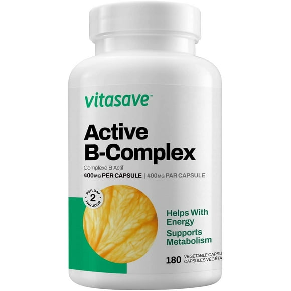 Vitasave Active B-Complexe [180 Gélules Végétariennes]- Supplément de Vitamine B à Haute Puissance avec 8 Vitamines B: B1, B2, B3, B5, B6, B7, B9 et B12 - Soutient l'Énergie, l'Humeur et le Métabolisme