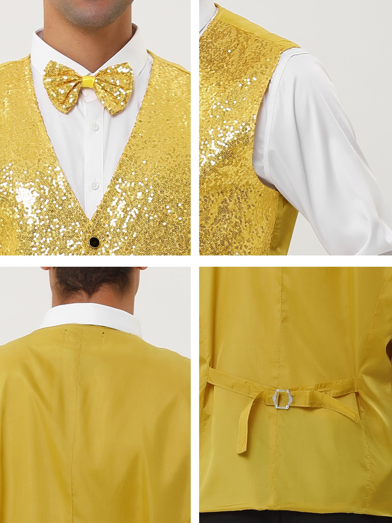 Unique Bargains Men's Disco Shiny Sequin Vest Suit Waistcoat Set with Bow Tie S Golden