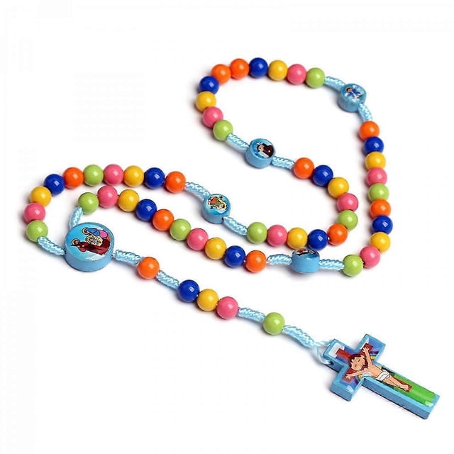 Colorful Beaded Cross Pendant Necklace for Boy Girl Children Long Rosary Necklaces Prayer Christian Religious Jewelry