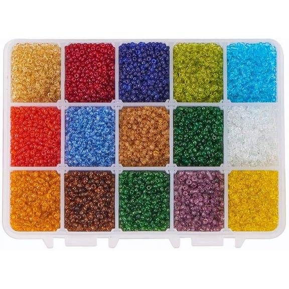 1box PH 21000pcs Glass Seed Beads 15 Color 12/0 Transparent Waist Beads 2mm Mini Beads Craft Pony Waist Beads for Bracelets Earrings Necklaces Jewelry Making colorful DIY
