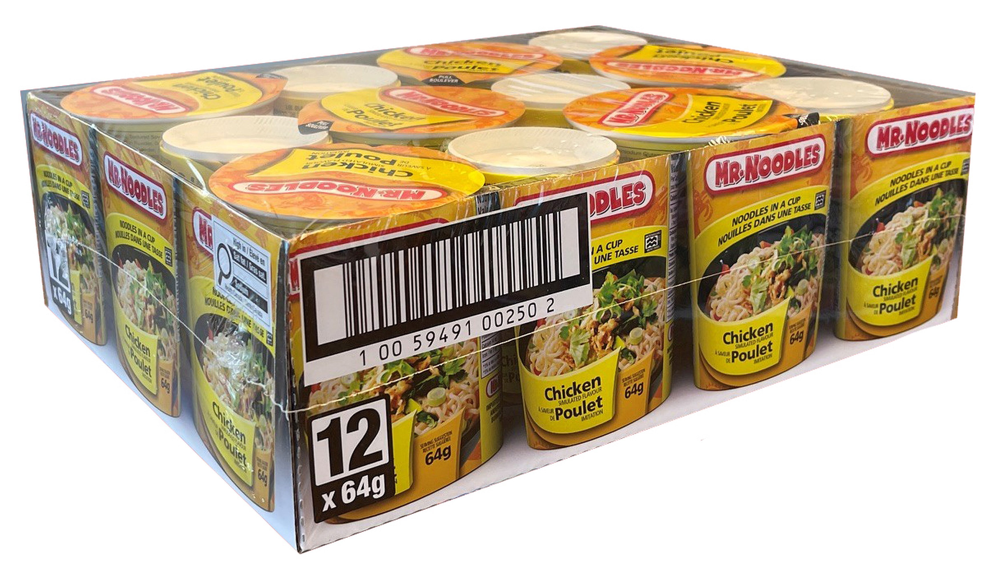 Nouilles ramen instantanées à saveur de poulet dans une tasse de Mr. Noodles, 64 g, paquet de 12