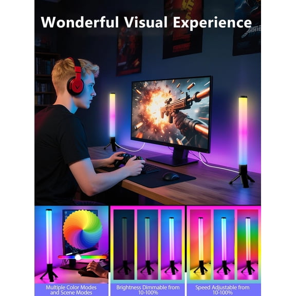 YNTVV-360° Smart LED Light Bars, RGB Light Bars with 16 Million Colors, Smart Gaming Lights with Music Sync and Scene Modes, 3 Modes Control, Mood Lighting, Gaming Light Bar for Room, TV, Monitor