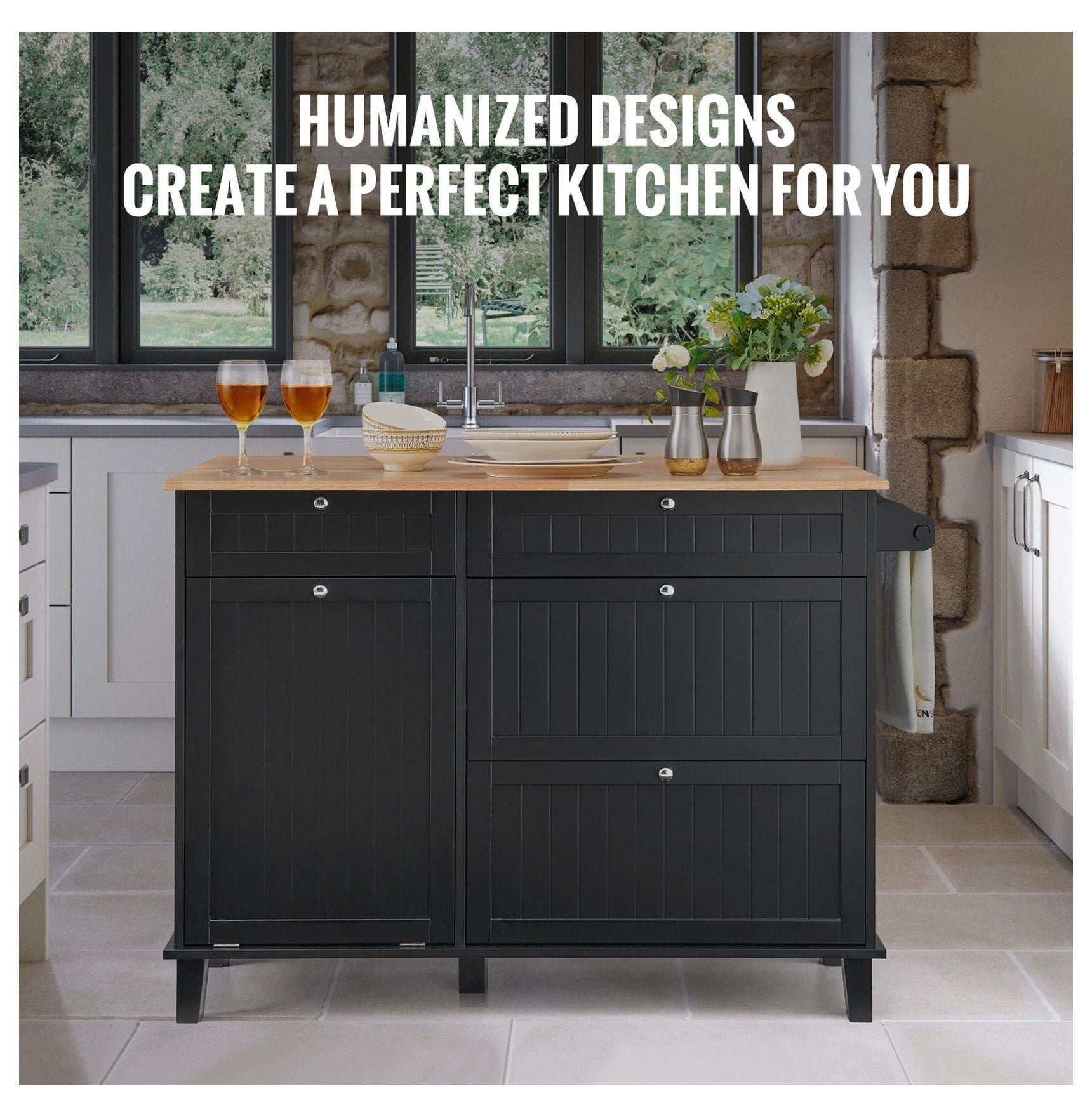 Kitchen Island Cart, 50" Wood Top with Trash Cabinet, Drop Leaf, Towel Bar - Farmhouse Table for Kitchen, Dining, Living Room - Black