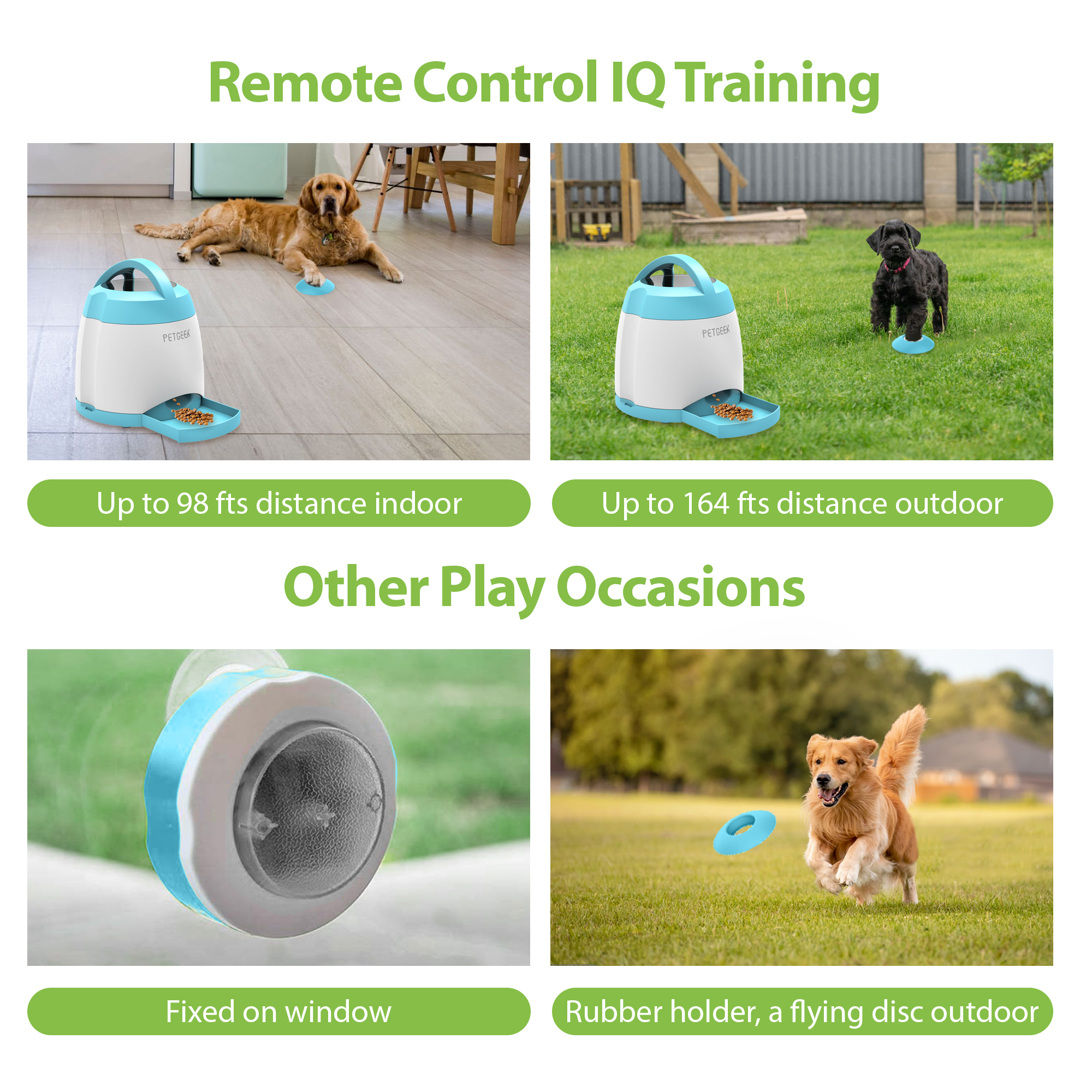 PETGEEK Automatic Dog Treat Dispenser, Interactive Pet Toy Food Dispensing for IQ Training, Dog Food Dispenser with Button Remote Push, Dual Power Supply for Indoor
