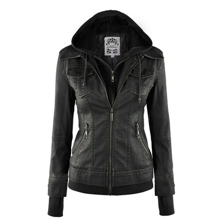MBJ WJC664 Womens Faux Leather Jacket with Hoodie M