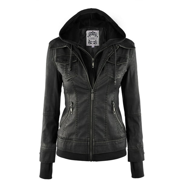Made by Johnny - MBJ WJC664 Womens Faux Leather Jacket with Hoodie M ...