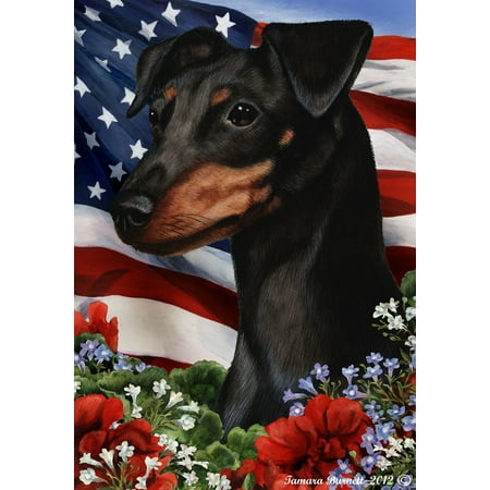 Miniature Pincsher Black Uncropped - Best of Breed Patriotic I Garden Flags