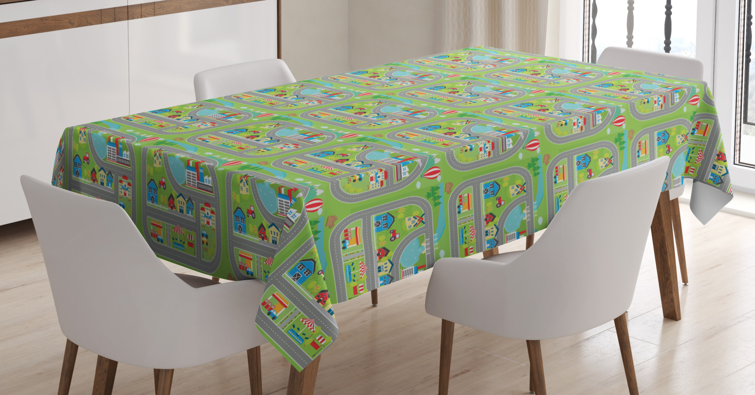 Kid's Car Race Track Roadway Activity Tablecloth, Sunny City Landscape