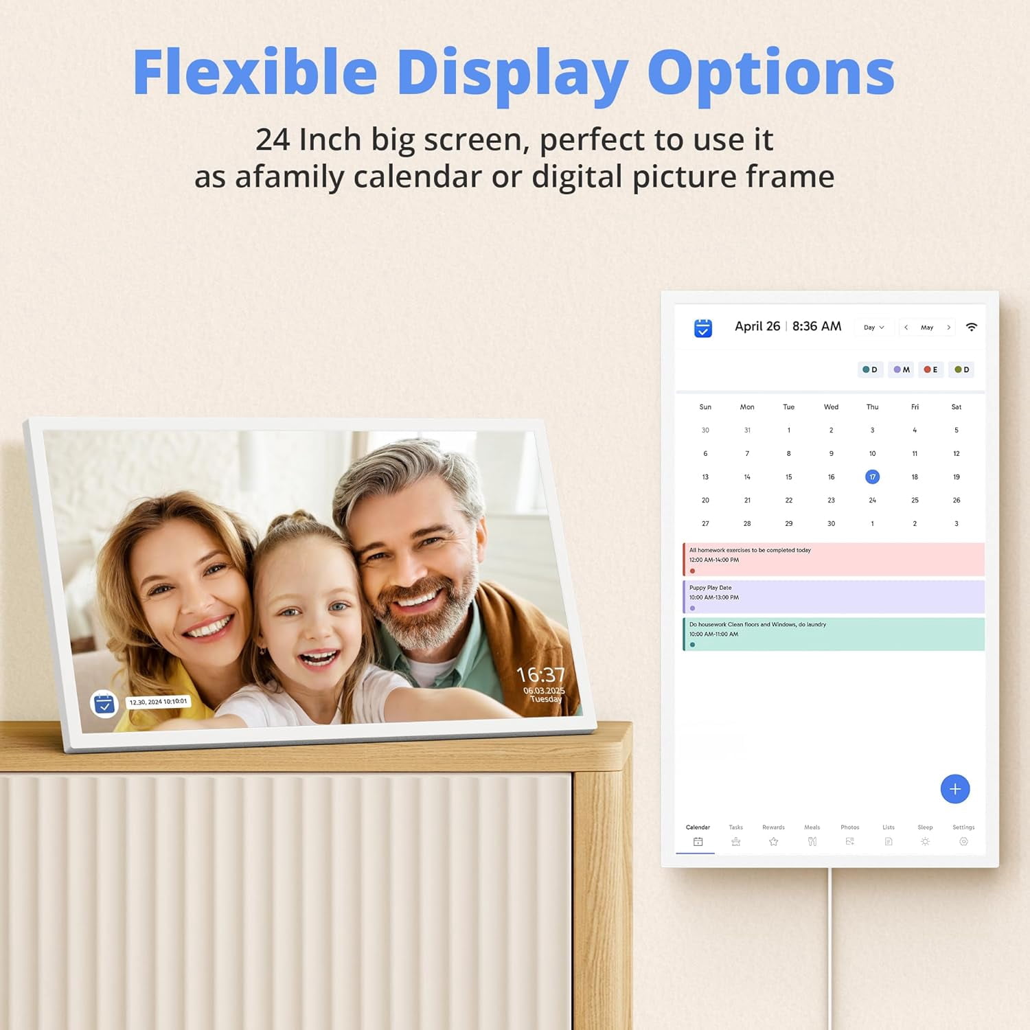 24 Inch Digital Calendar, Electronic Wall Calendar Chore Chart for Family Seamless Planner-White