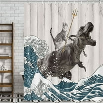 Funny Cat Shower Curtain, Cool Cat Dinosaur Japanese Ocean Wave Decor Fabric Bathroom Curtains, Kids Children Rustic Wooden Farmhouse Shower Curtain 60X70 inch