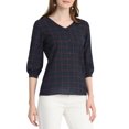 thumbnail image 4 of INSPIRE CHIC Women's Half Sleeve Plaid Button Cuff Puff Sleeve V Neck Blouse S Dark Blue, 4 of 6