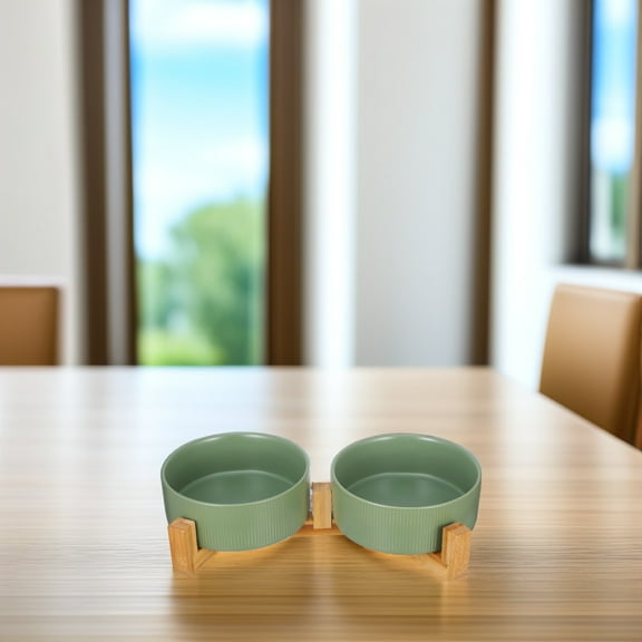 Hemoton 1 Set of Ceramic Raised Dog Bowl with Stand Dog Dish Pet Food Water Bowl with Wood Stand