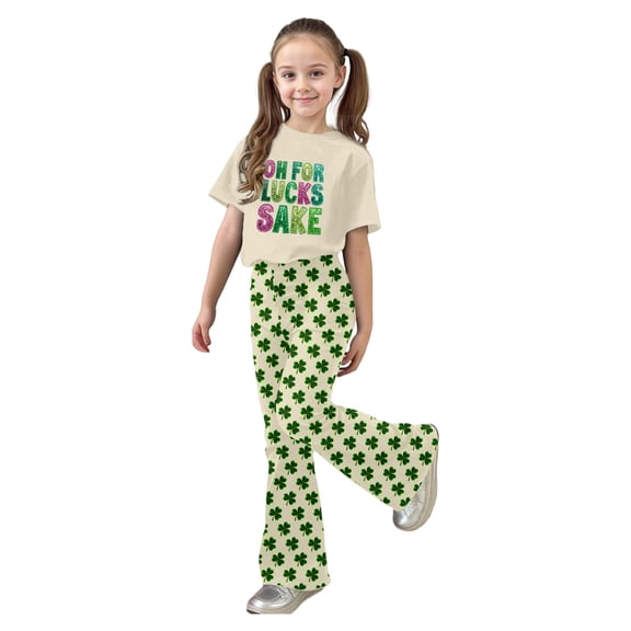 XAOFW Girl's Outfits Sets St Patrick'S Day Printed Short Sleeve Crew Neck T Shirts Top And Long Pants Two Piece Set Playwear Casual Outfit Party Night Soft Breathable Clothes Sets