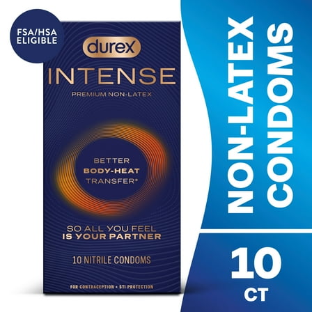 Durex Intense Nitrile Condoms, Ultra Thin Premium Non Latex Condoms Lubricated with Silicone Lube, 10 ct