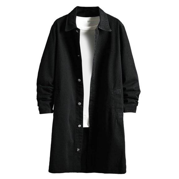 BLTIBY Denim Trench Coats for Men One Breasted Button Down Lapel Jackets Fall Casual Comfort Pea Coat with Pockets Black M