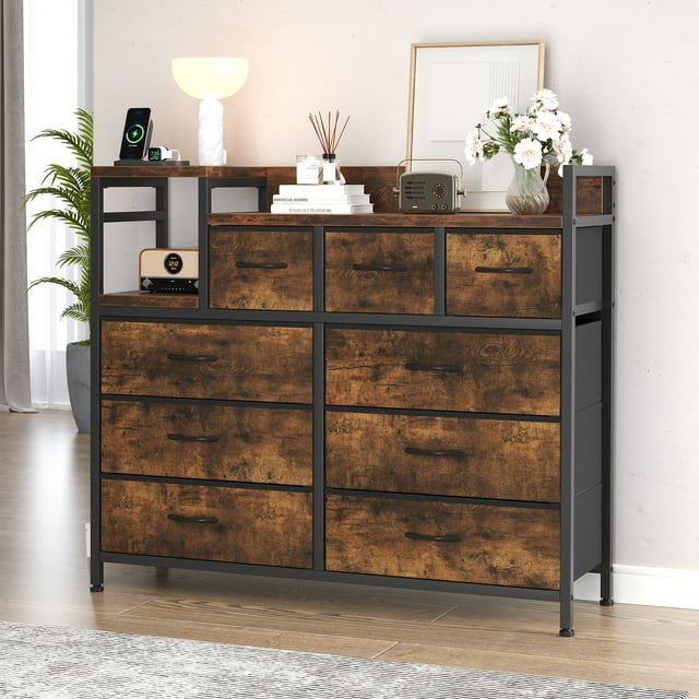 CazToi Cómoda 9 cajones tela 2 enchufes 2 USB estructura acero resistente mesa madera antivuelco para dormitorio sala estar