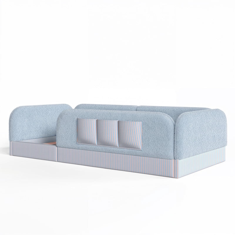 Twin Size Kid's Upholstered Floor Bed Frame, Montessori-Style Low Profile Platform Bed with Safety Guardrail & Storage Pockets