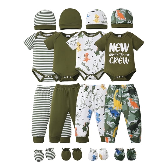 KIMI BEAR Newborn Baby Boys Layette Essentials 0-3 Months Romper Pants Gift Sets 4 Packs Short Sleeves Dinosaur Print Bodysuit Tops Pants Set with Hats and Gloves 16pcs Outfits Green