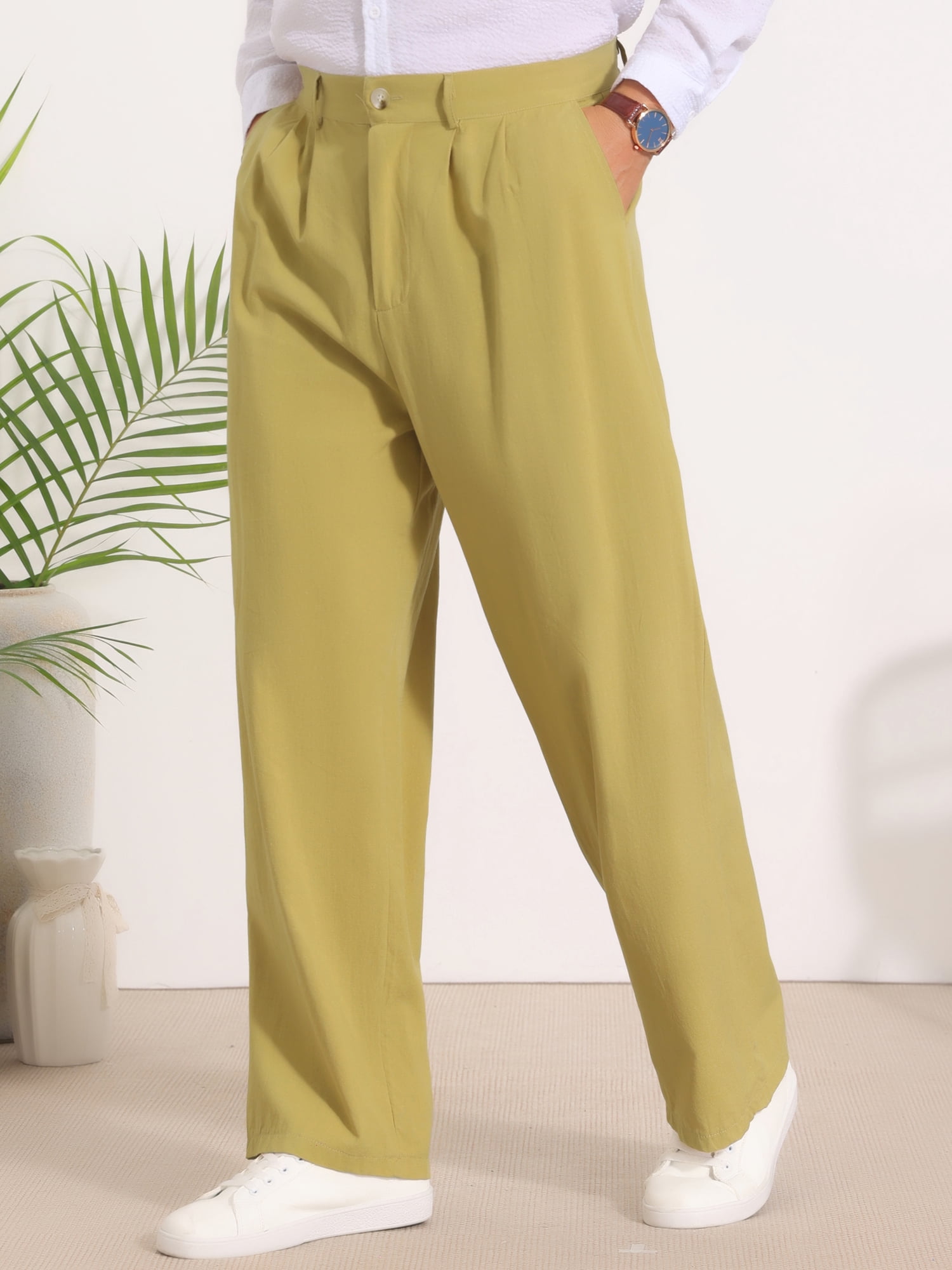 DARING DIVA Men's Lightweight Breathable Linen Pleated Pants with Side Pockets 38 Olive Green