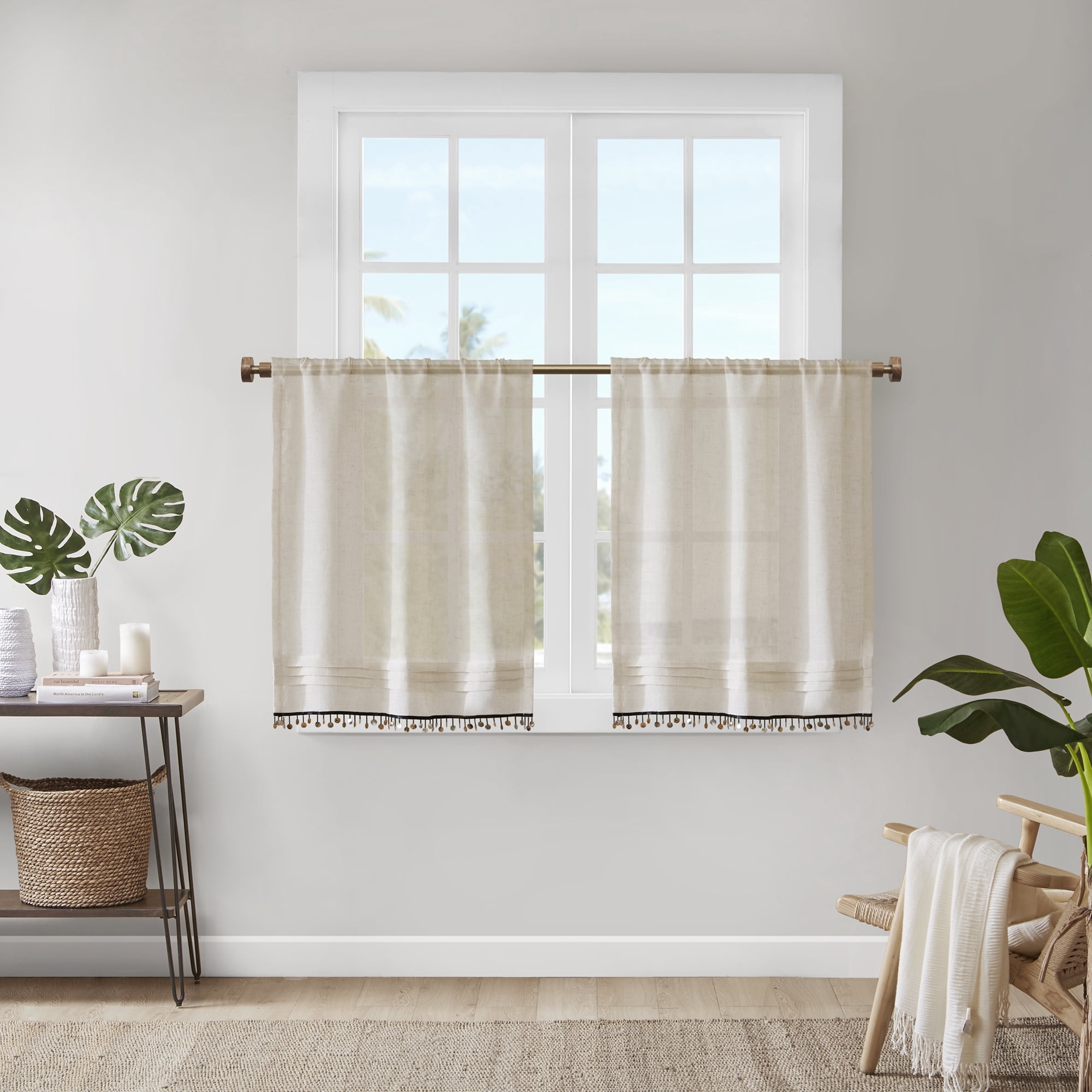 Home Essence Andrea Faux Linen Rod Pocket Kitchen Tier With Shell Trim ...