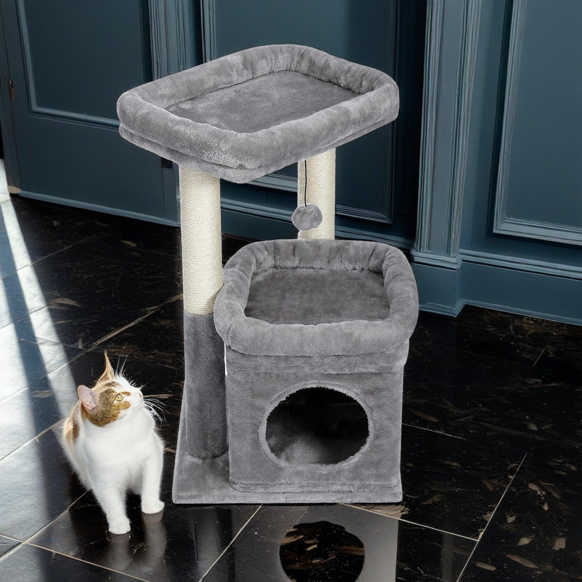 Kadyn 27" Cat Tree Tower for Indoor Cats with Private Cozy Cat Condo, Natural Sisal Scratching Posts and Plush Pom-pom for Small Cats, Gray