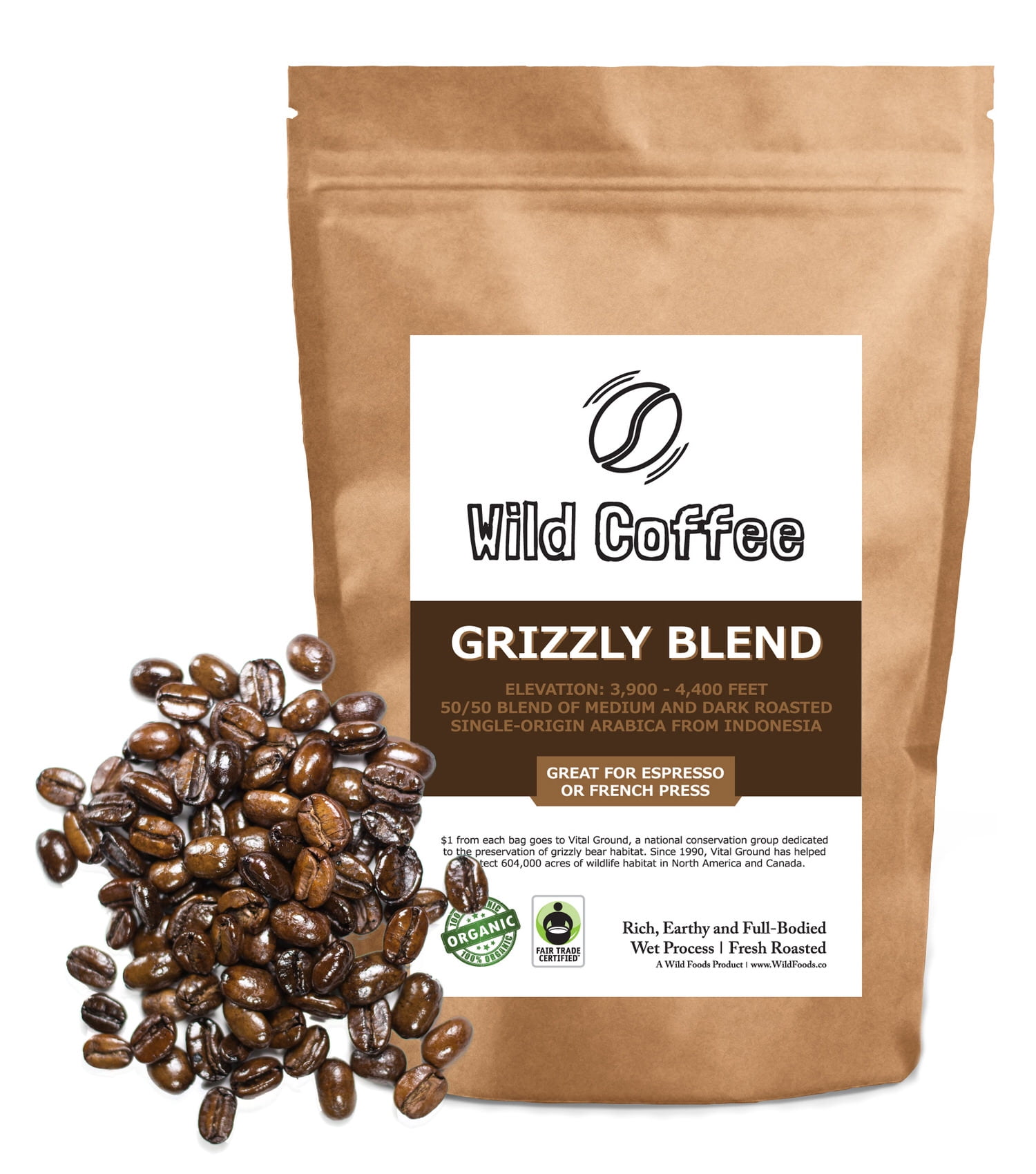 Organic Coffee Beans by Wild Foods - Grizzly Blend - Med/Dark Roast